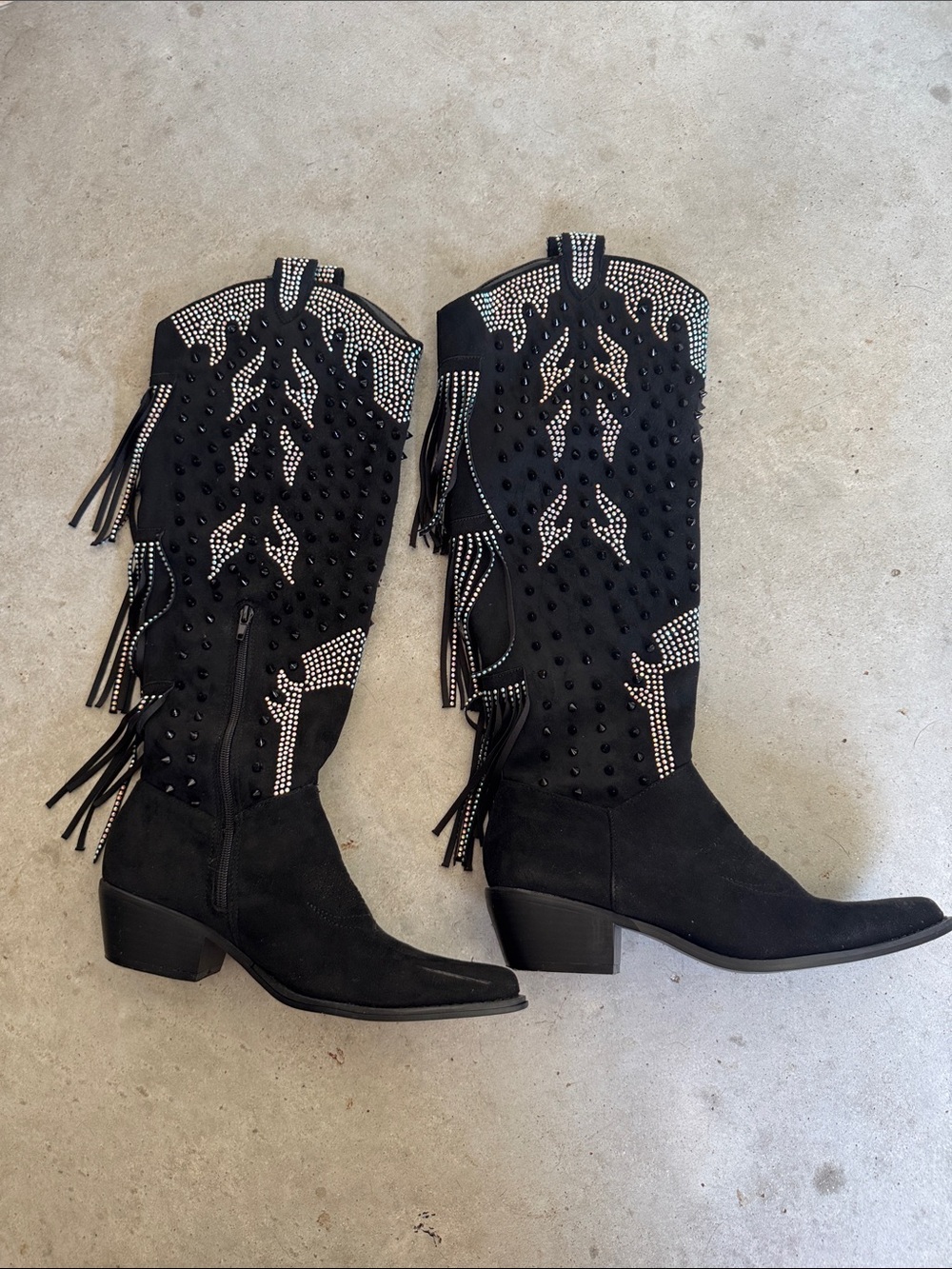 Black Fringe Studded Cowboy Boots Suede Like fringe knee high western boots Sz 9